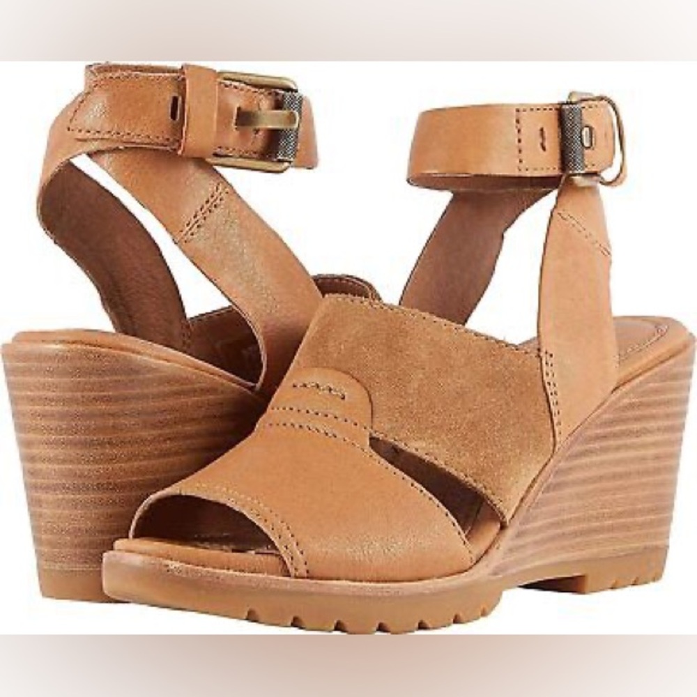 Women’s 9.5 Sorel After Hours Sandal Comfy Wedge in Camel Brown Leather - Picture 3 of 16